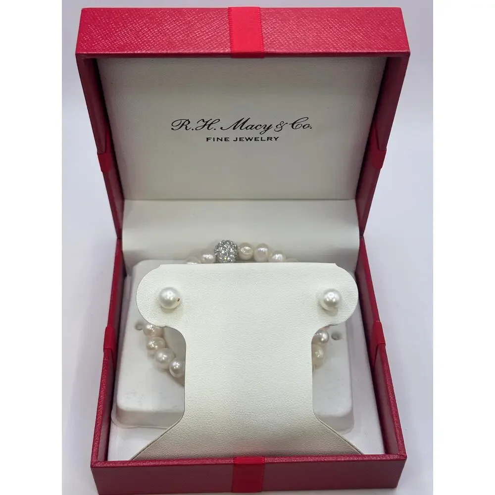 Macys Cultured Freshwater Pearl (7mm) Crystal Bracelet & Earring Set New in Box